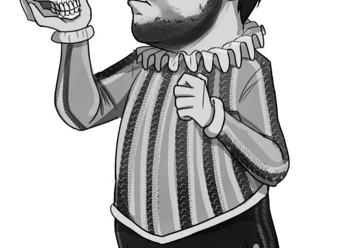 Cartoon man holding a skull
