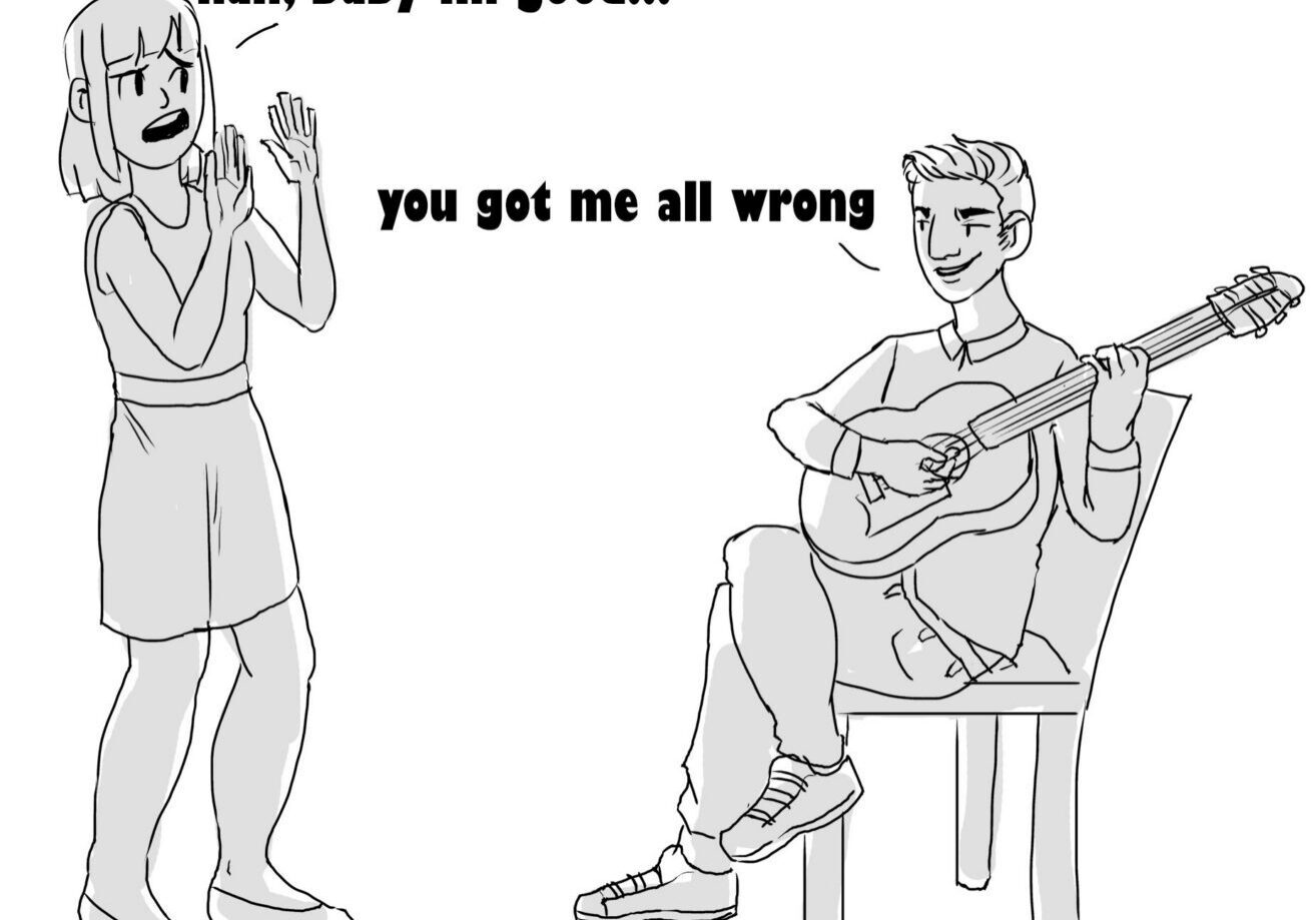 Woman rejecting serenading guitarist