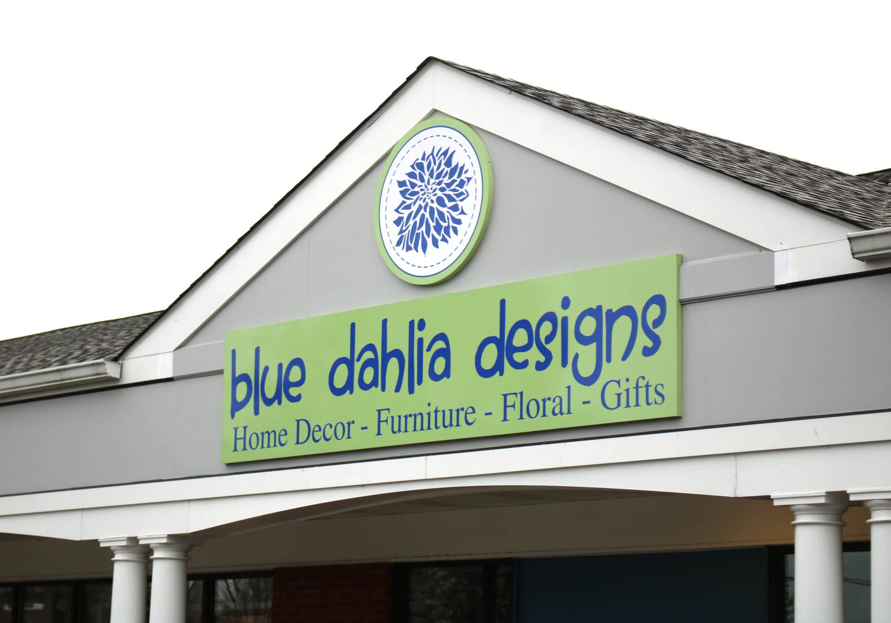 Storefront sign of Blue Dahlia Designs