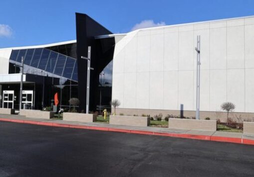 Front view of a sleek public building