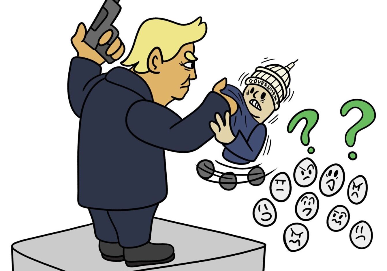 Cartoon figure holding gun and puppet