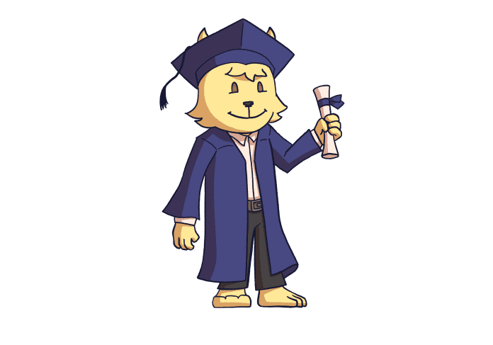 Lion character wearing graduation cap and gown.