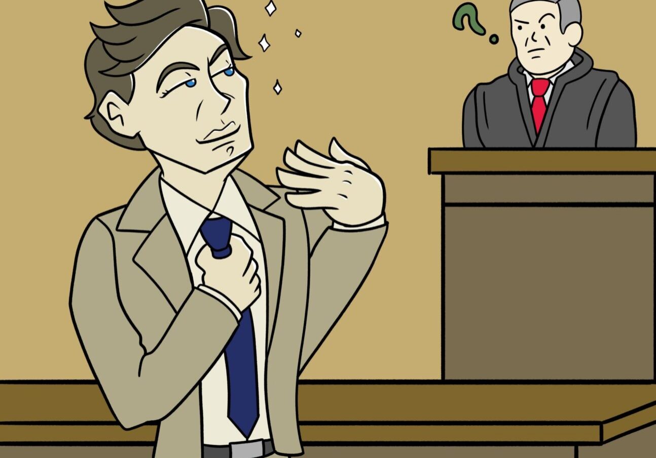 Confident lawyer in courtroom scene