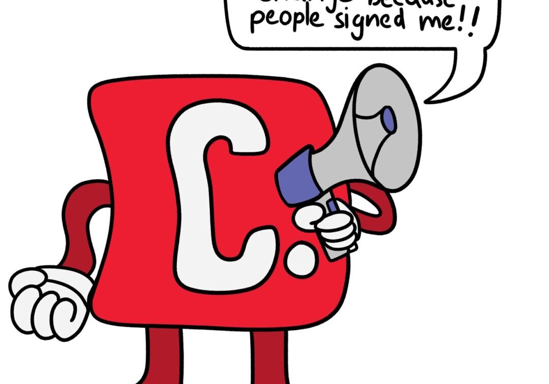 Red character holding a loudspeaker.