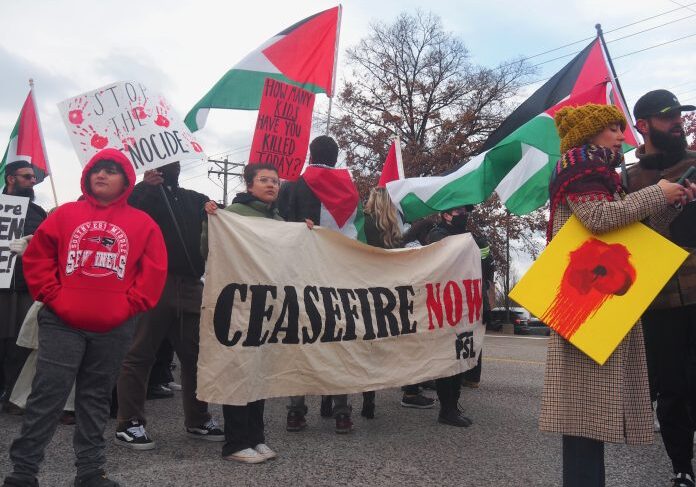 Crowd advocating for ceasefire in street