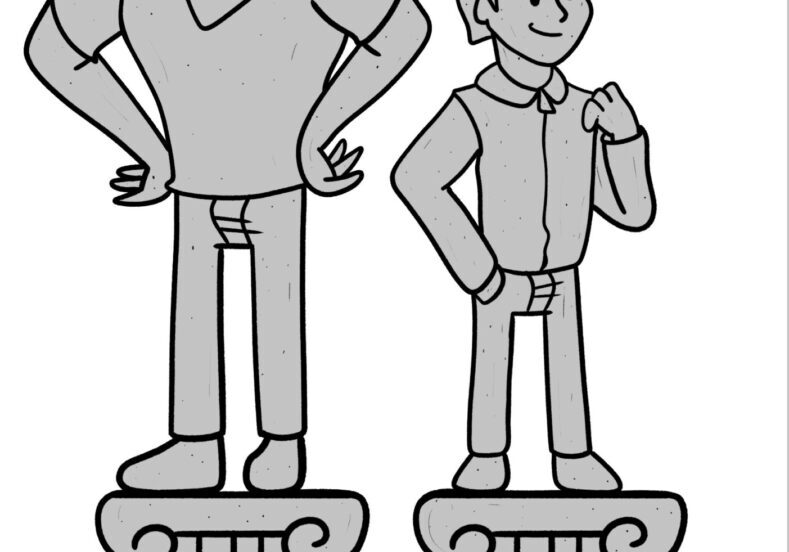 Two confident cartoon figures on pedestals