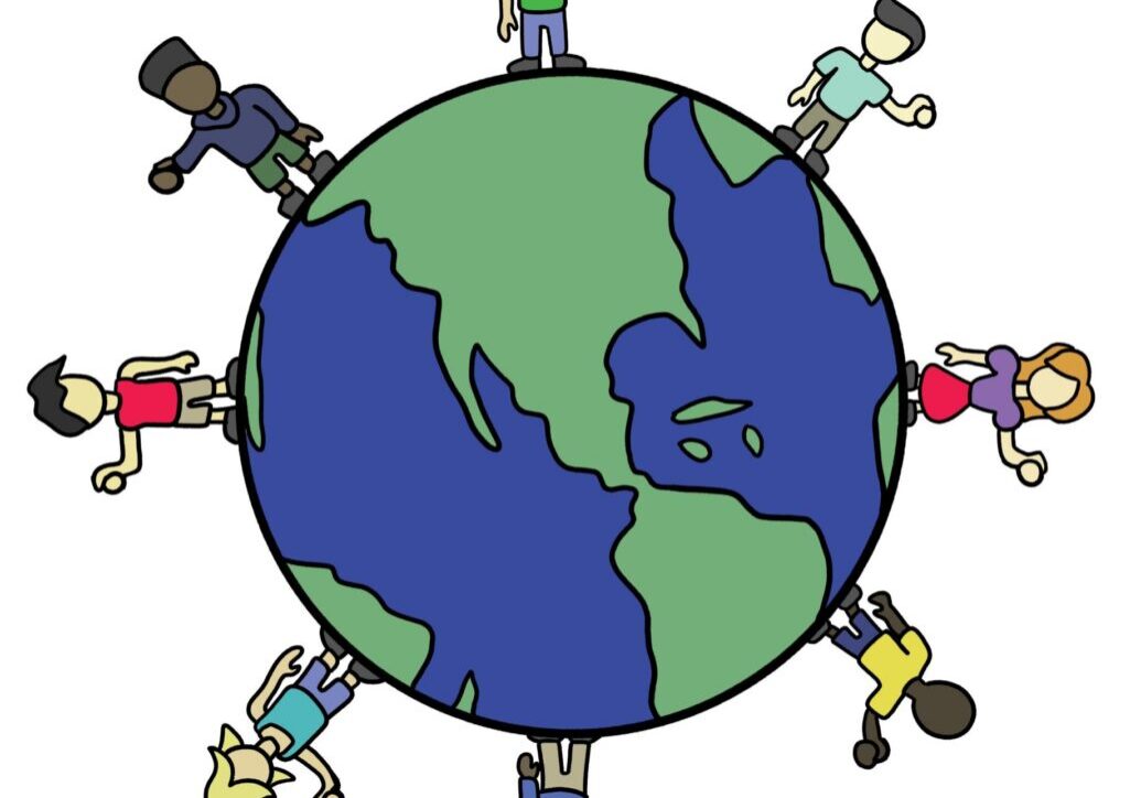 Cartoon people around the Earth