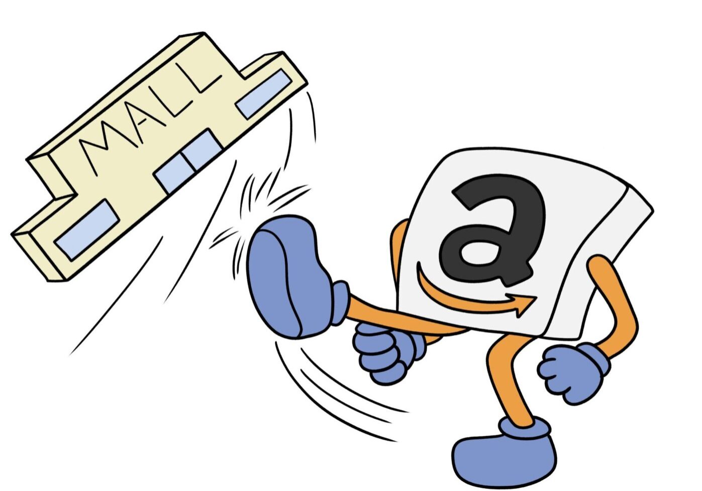 Amazon character kicking a mall building