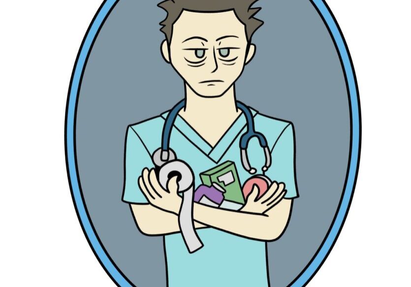 Cartoon doctor with medical supplies
