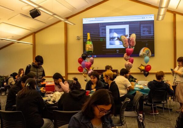 Indoor gathering with projected image display
