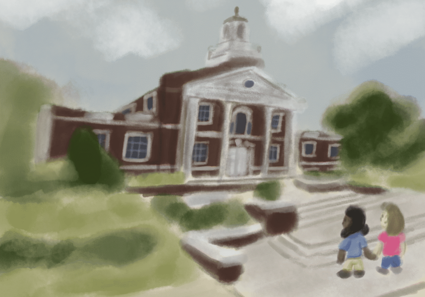 Kids near a red-brick building