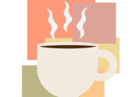 Steaming coffee cup with colorful geometric background