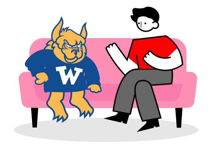 Friendly chat between mascot and person