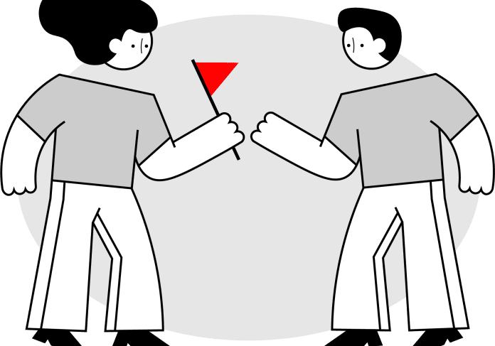 Characters holding a red warning flag.
