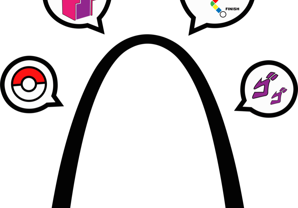 Colorful game elements floating above stage