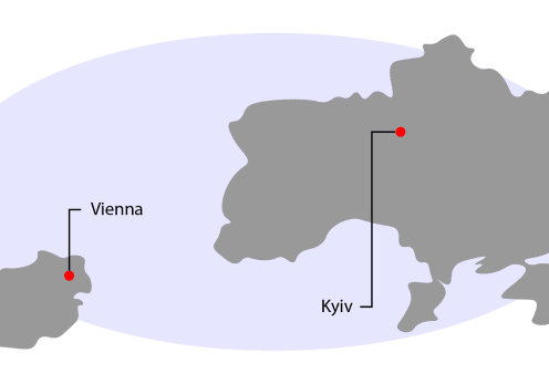 Austria and Ukraine map with capitals labeled.