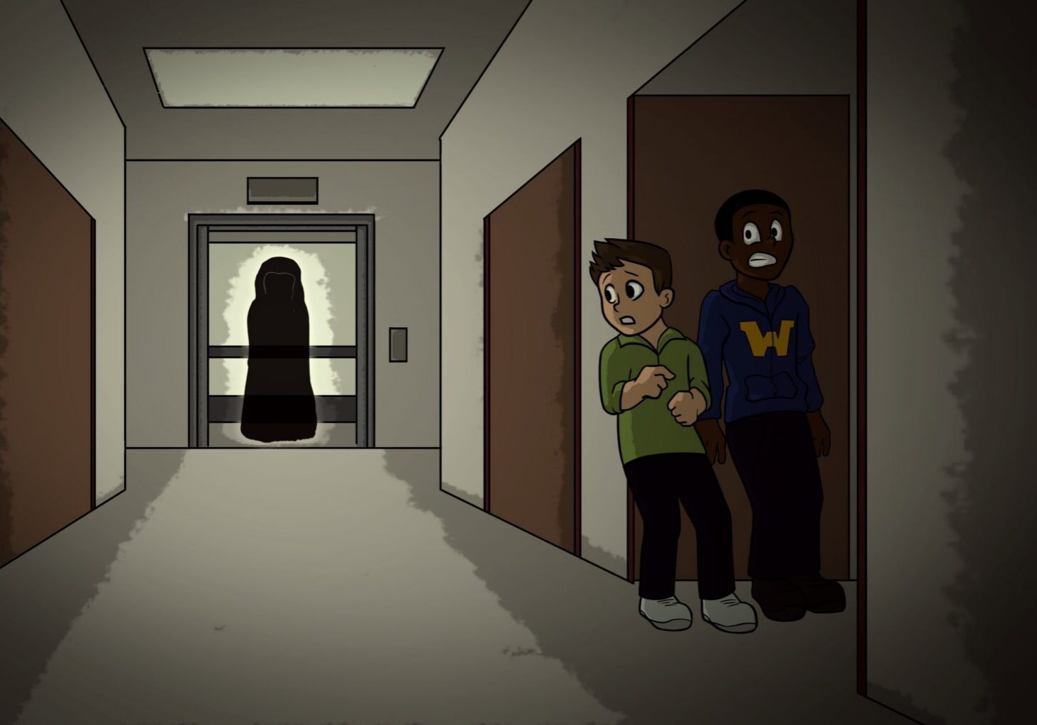 Boys scared in eerie hallway