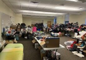 Organized charity donations in a room