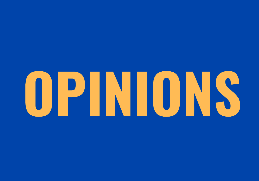 OPINIONS" text on blue background