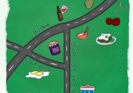 Illustrated map with roads and food icons