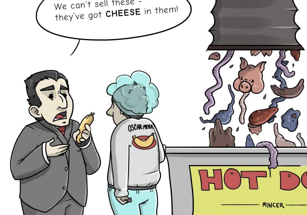 Man holding hot dog, discussing cheese issue.