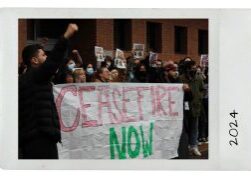 Protesters holding "Ceasefire Now" banner