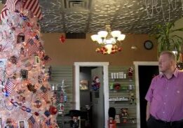 Decorated tree with American flags