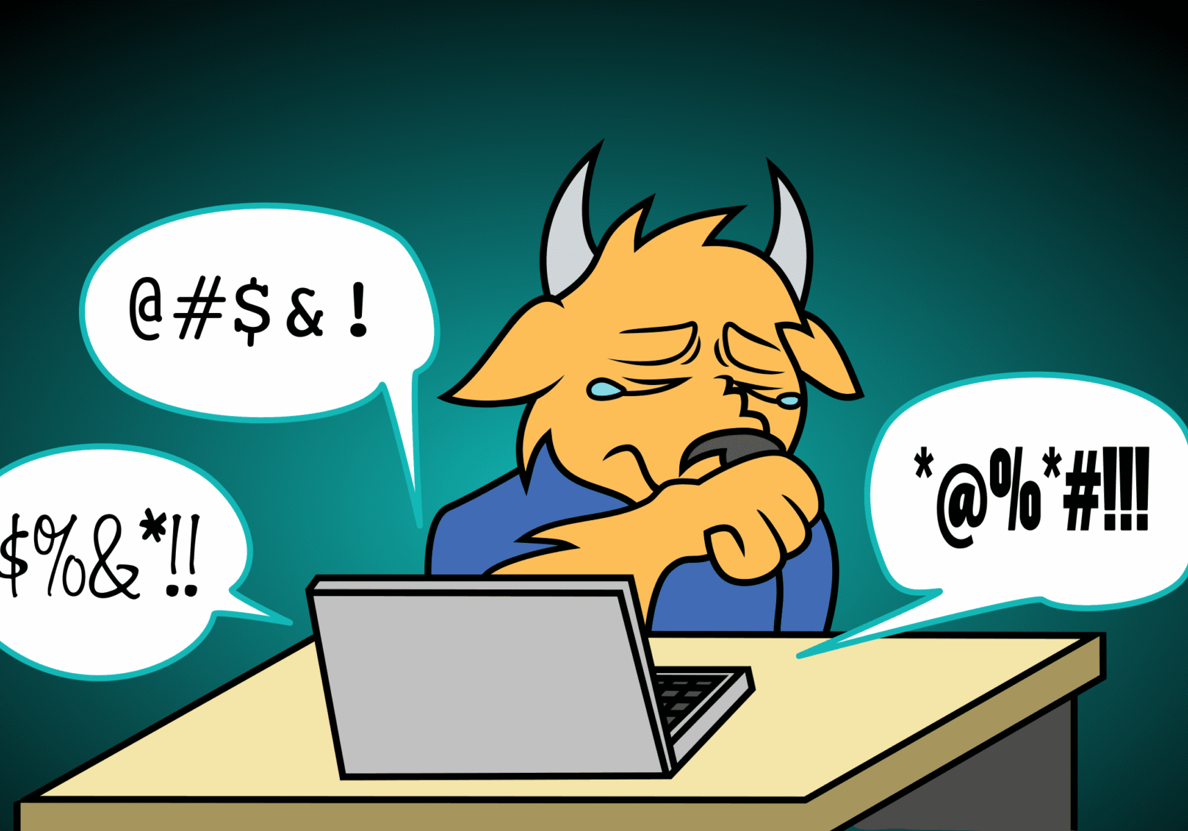 Frustrated cartoon character at laptop