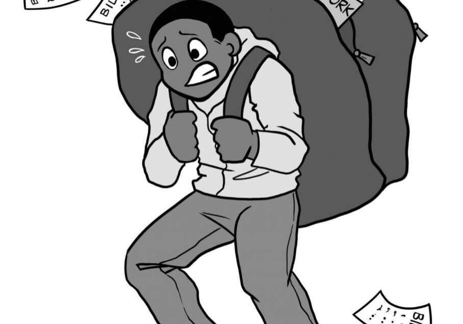 Stressed individual with overloaded backpack