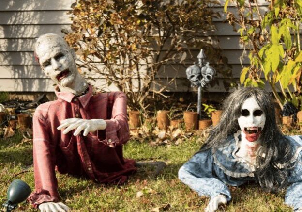 Spooky zombie props in garden