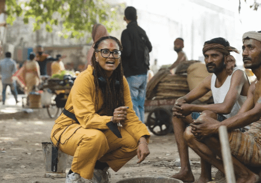 Casual outdoor conversation in bustling area