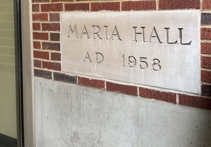 Maria Hall building sign, 1958