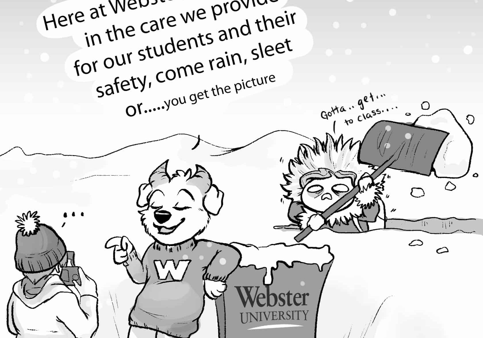 Cartoon characters in snowy scene