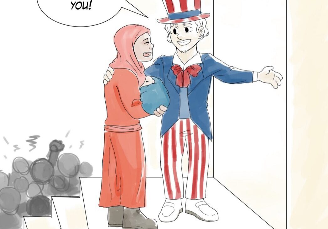 Cartoon character offering help to a woman.
