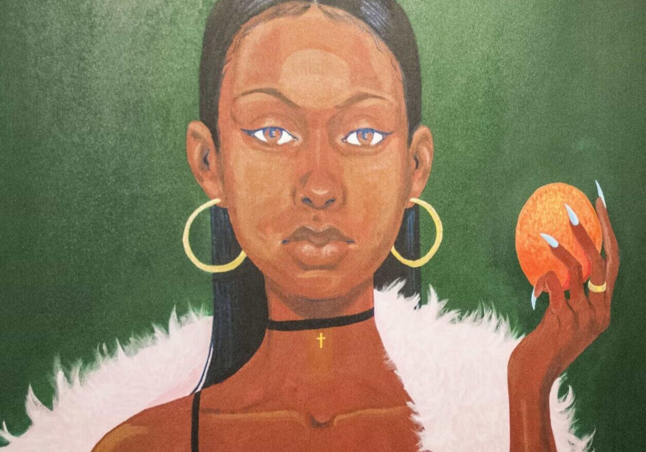 Portrait of woman with hoop earrings.