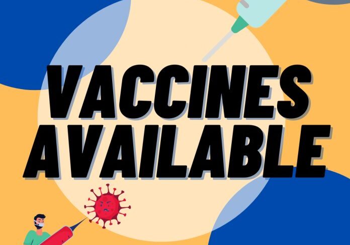 Vaccine availability notice with doctor illustration.