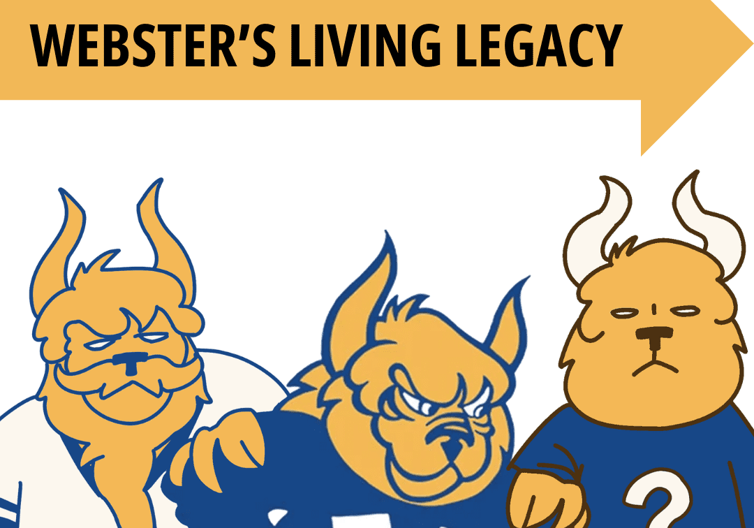 Cartoon creatures under "Webster's Living Legacy" sign.