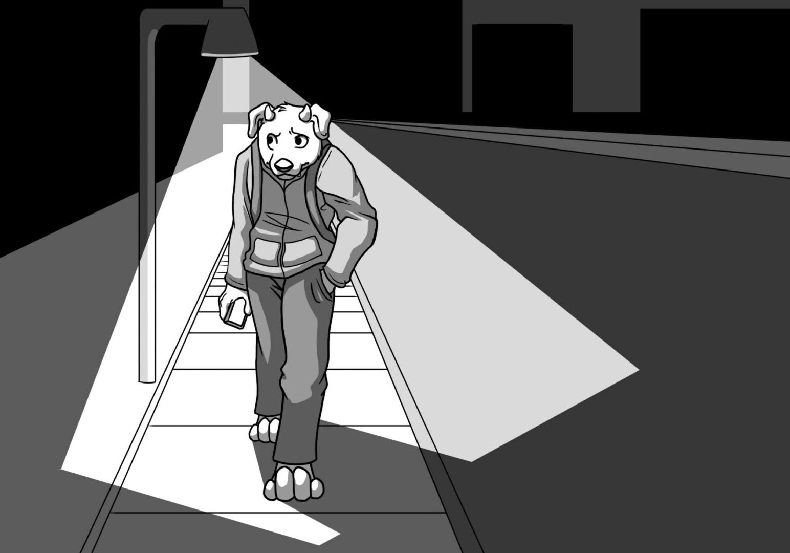 Cartoon dog strolling at night