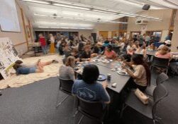 Group dining and socializing indoors