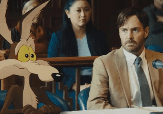 Court scene with cartoon and real person