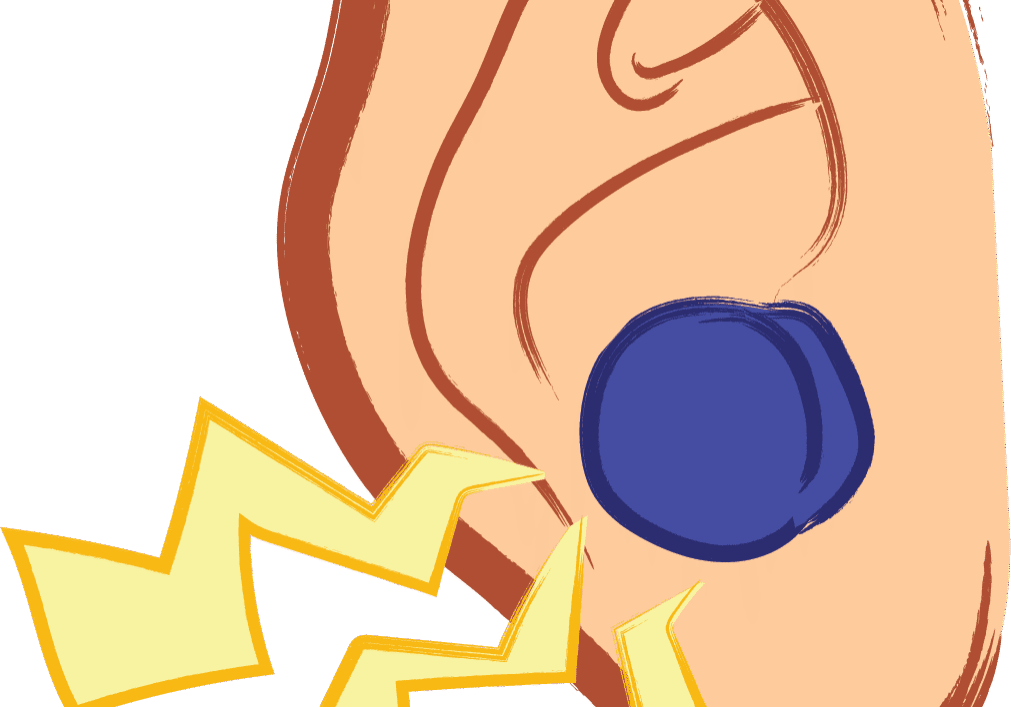 Ear with blue earplug and sound waves