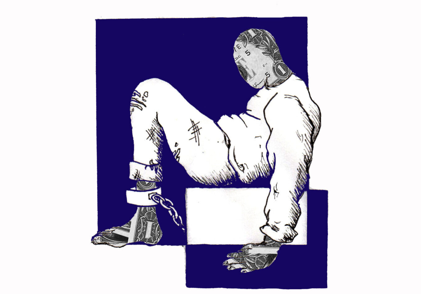 Bound figure with tattoos and chains