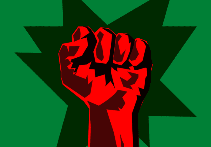 Raised fist with starburst design