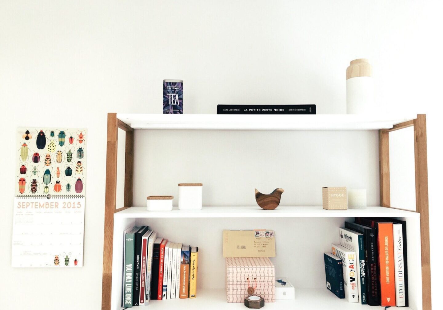 Simple decor on wooden bookshelf