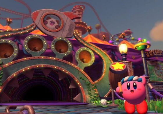 Pink character outside colorful amusement park entrance