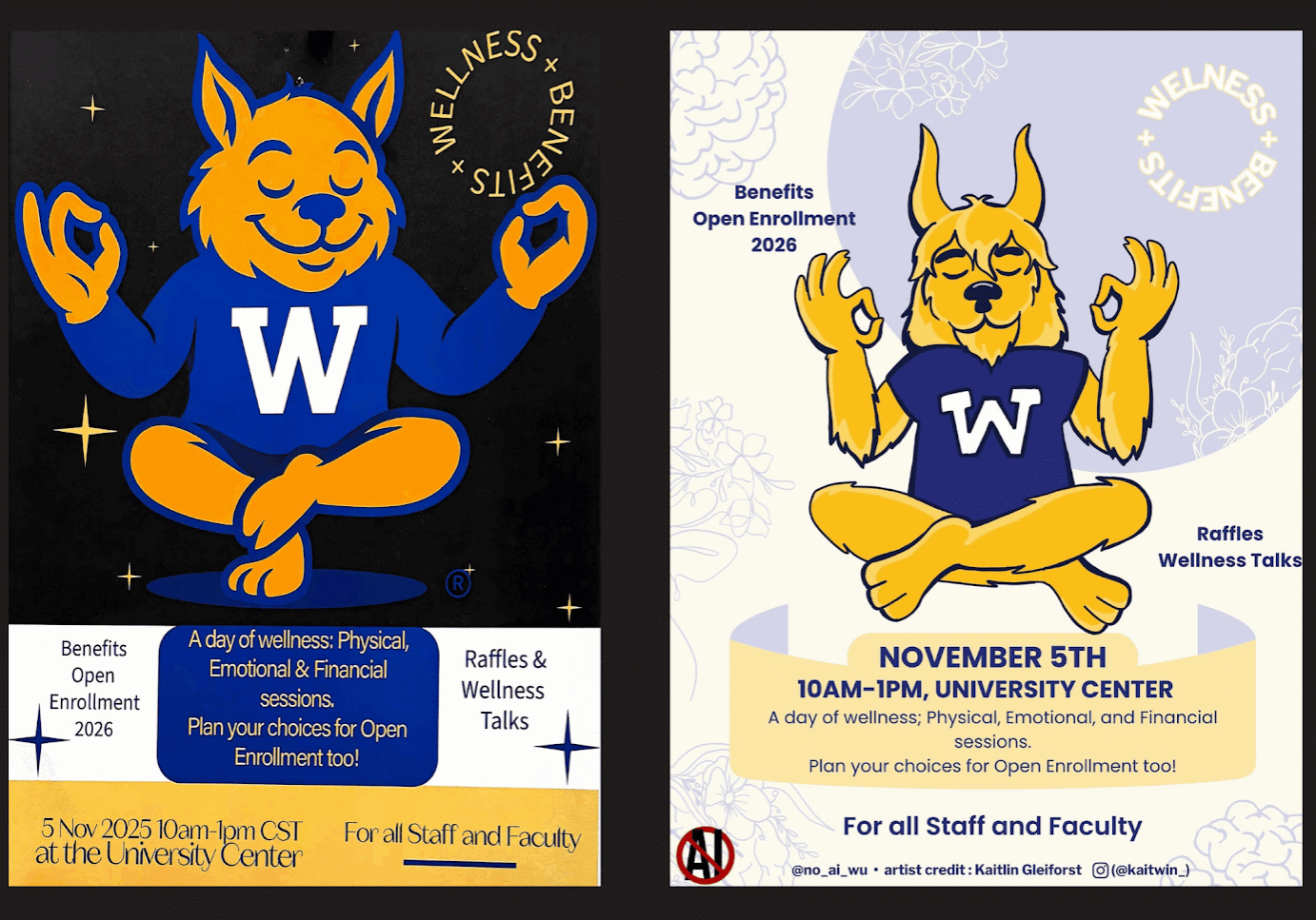 Katilin Gleiforst redrew a campus flyer to contribute to the No AI at Webster University movement. On the left is the original version which contains AI-generated art. Gleiforst’s recreation is on the right.