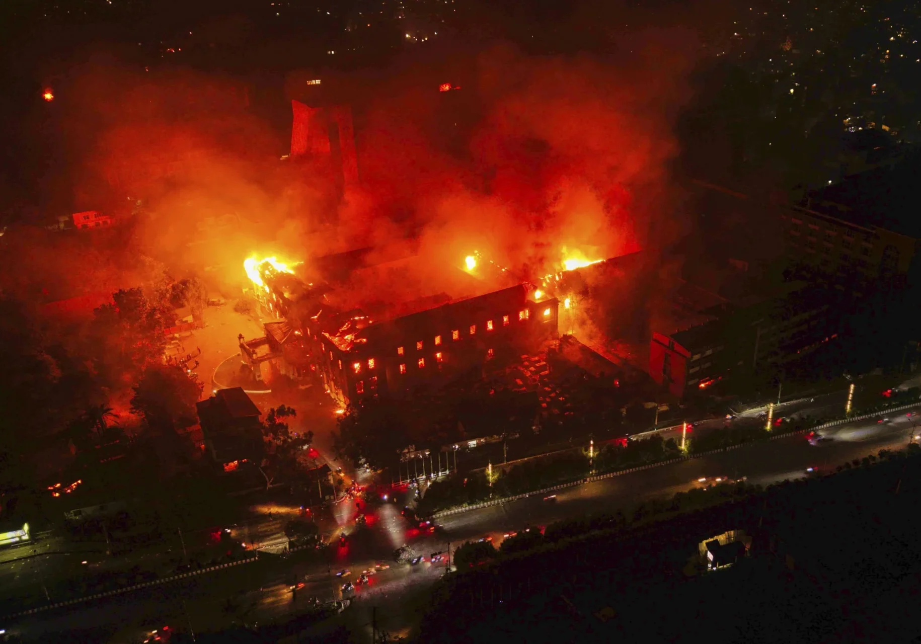 Flames erupt from Nepal President Ram Chandra Poudel’s home after it was set on fire by protesters on Sept. 9. Photos courtesy of Associated Press/Prabin Ranabhat