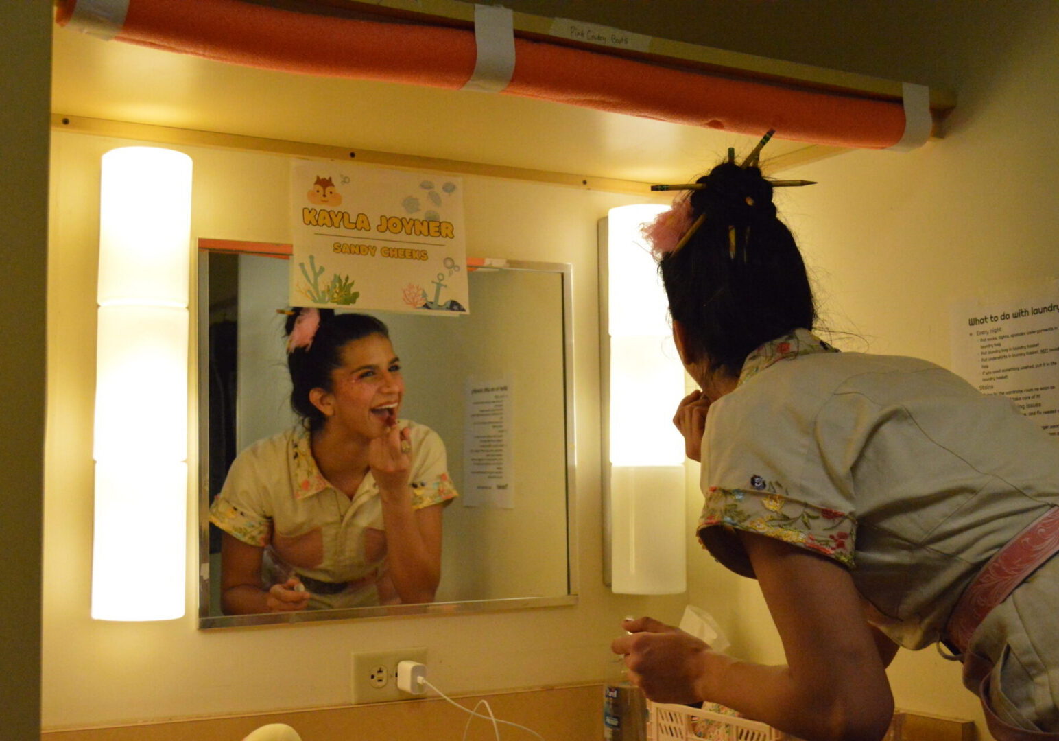 WebCo student Kayla Joyner getting ready in her dressing room to play Sandy Cheeks in “The SpongeBob Musical.” Photo by Shannon Mayo