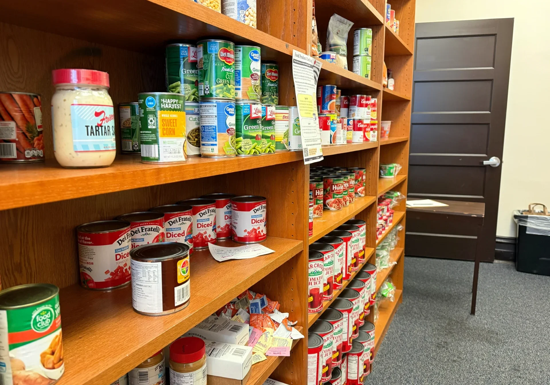 Organized shelves in a food pantry