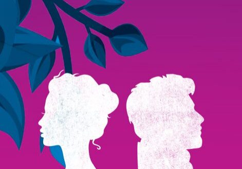Silhouettes under leaves, purple background